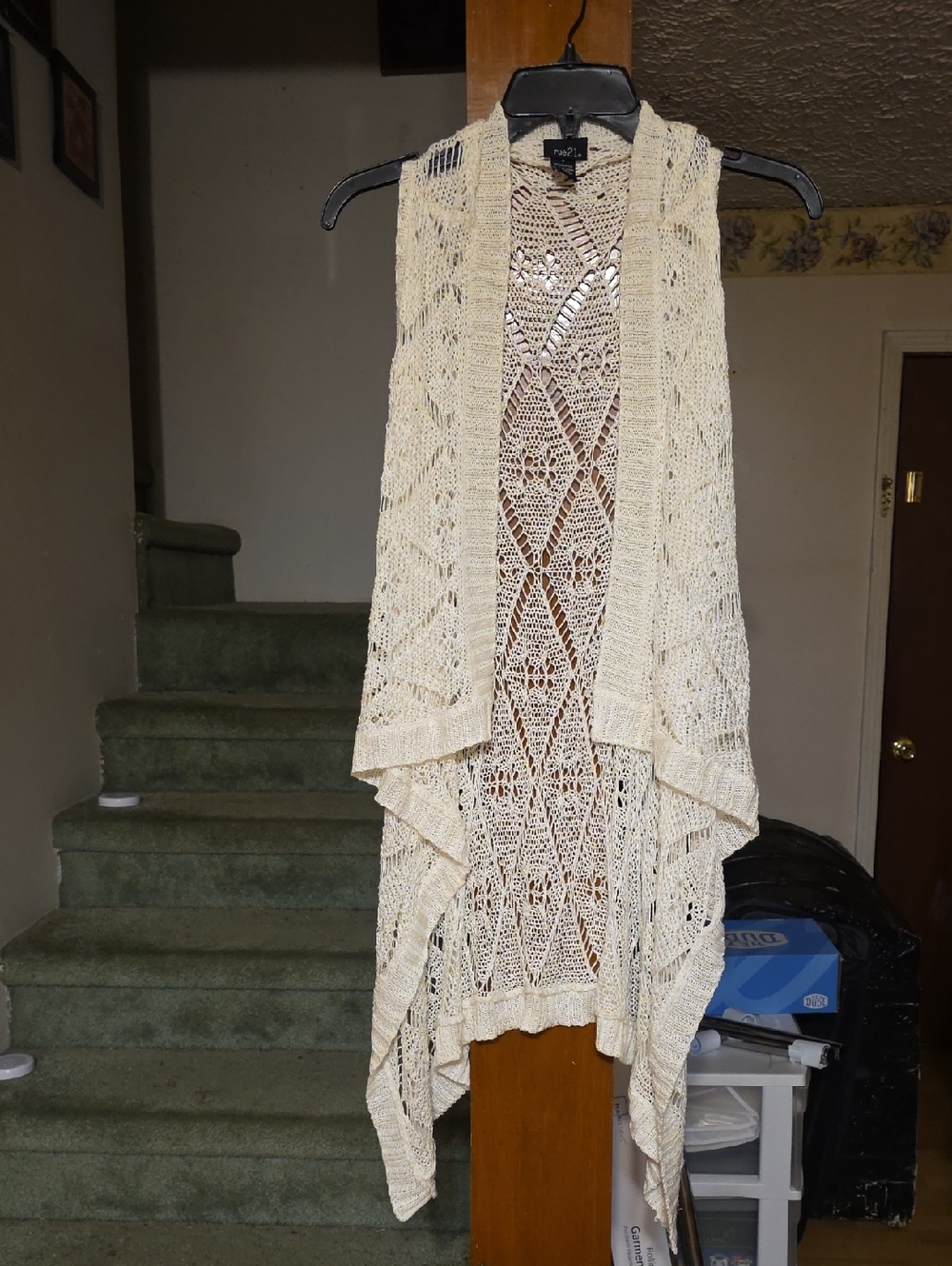 Papaya Cream Crochet Open-Front Drape Vest